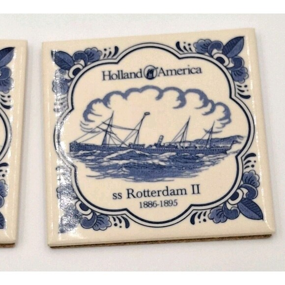 Holland American Cruise Line ms Rotterdam Blue Delft Coaster Tiles w/Cork Set 2 - Picture 2 of 6